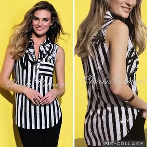Frank Lyman Sleeveless Collared Striped Top Size 10 Half Zip Black White Sparkle